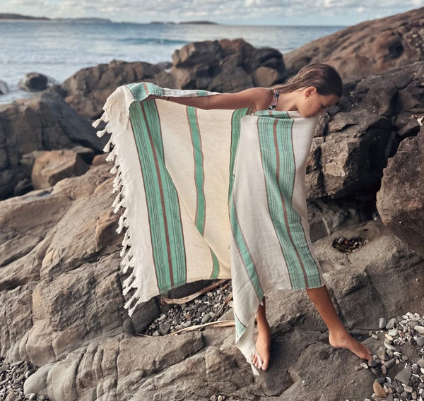 Hand Loomed Aqua Stripe Beach Towel / Throw