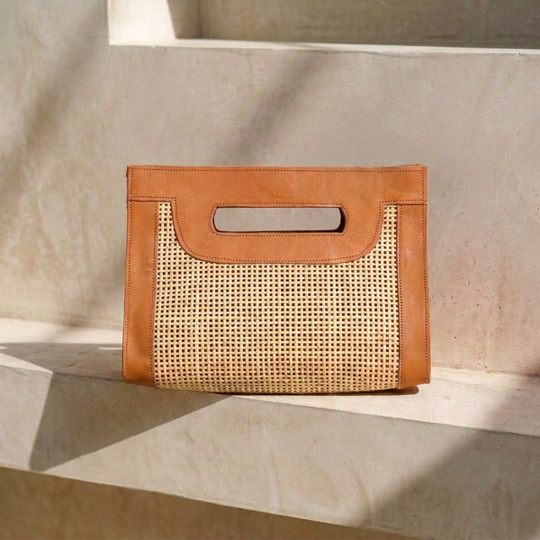 Leather and Rattan Clutch | Tan
