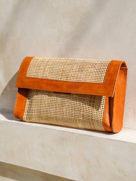 Soleil Clutch | Rattan + Tan Leather