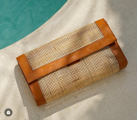 Soleil Clutch | Rattan + Tan Leather