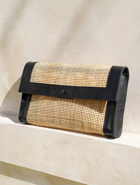 Soleil Clutch | Rattan + Black Leather