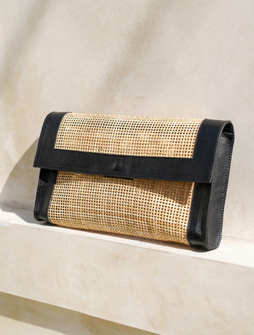 Soleil Clutch | Rattan + Black Leather