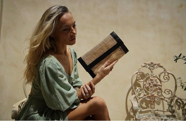 Soleil Clutch | Rattan + Black Leather