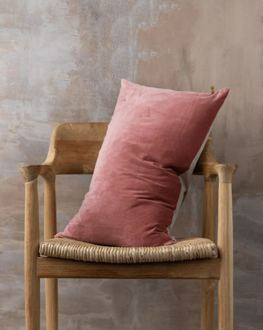Linen + Velvet Feather Lumbar Cushion | Guava