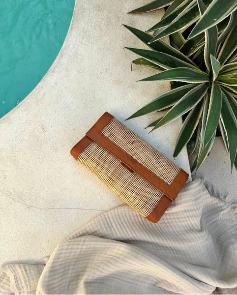 Soleil Clutch | Rattan + Tan Leather