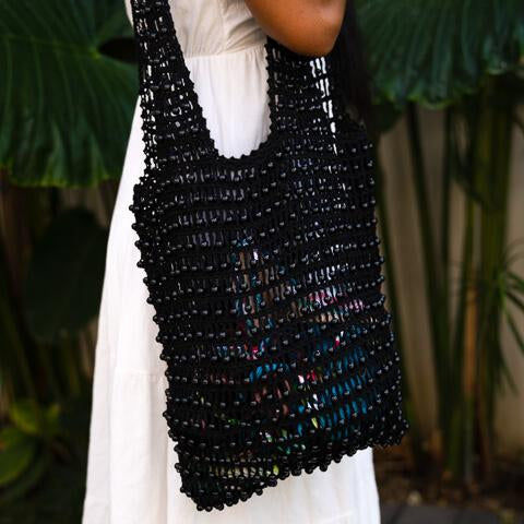 Hand Crochet Beaded Tote Bag | Black