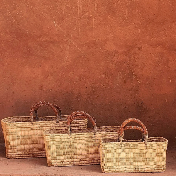 Palm Leaf and Leather Basket Bag