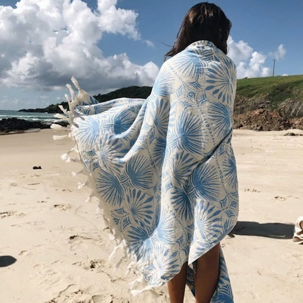 Blue Frond Pattern Turkish Towel