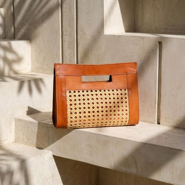 Leather and Rattan Clutch - Tan