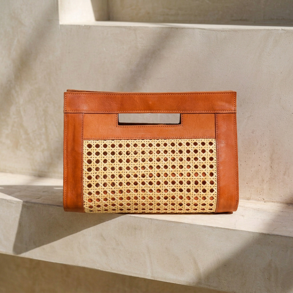 Leather and Rattan Clutch - Tan