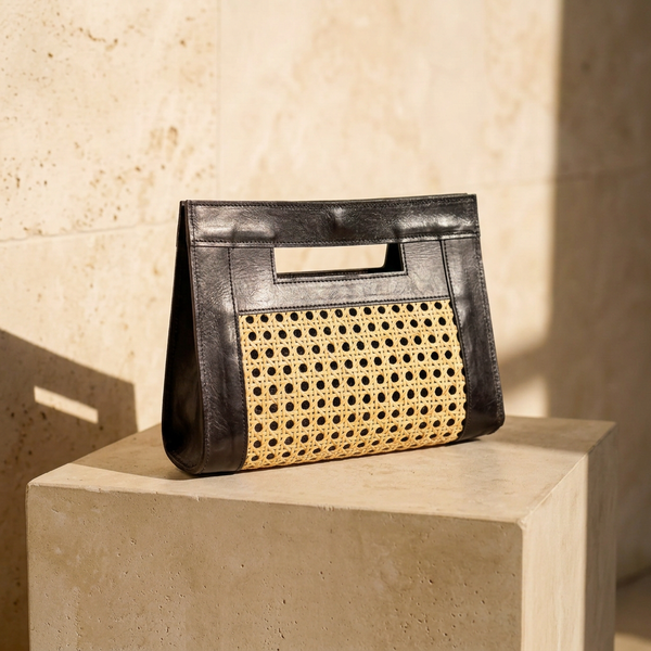 Leather and Rattan Clutch - Black