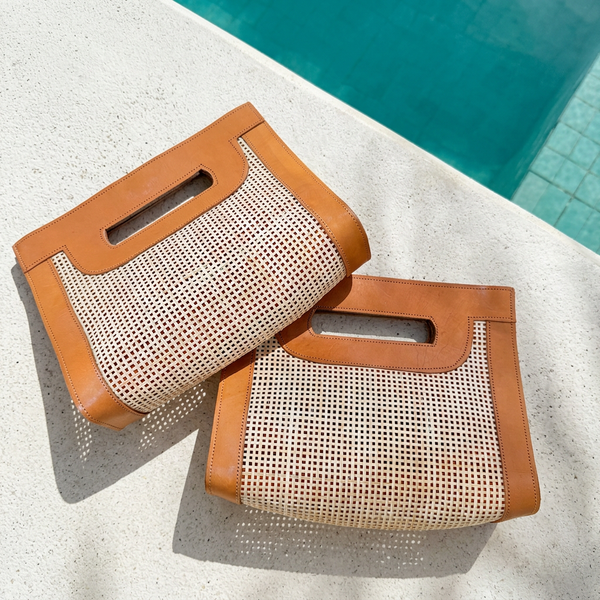 Leather and Rattan Clutch | Tan