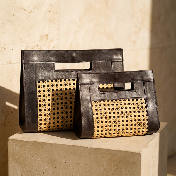 Leather and Rattan Clutch - Black