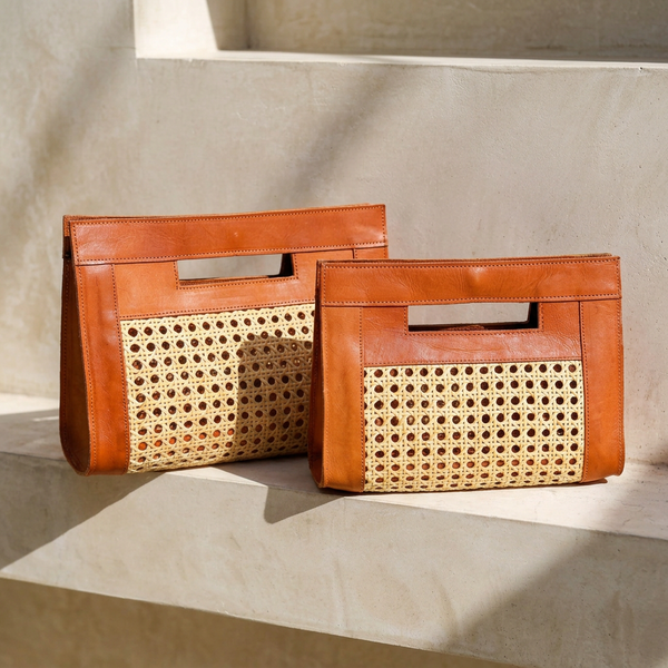 Leather and Rattan Clutch - Tan